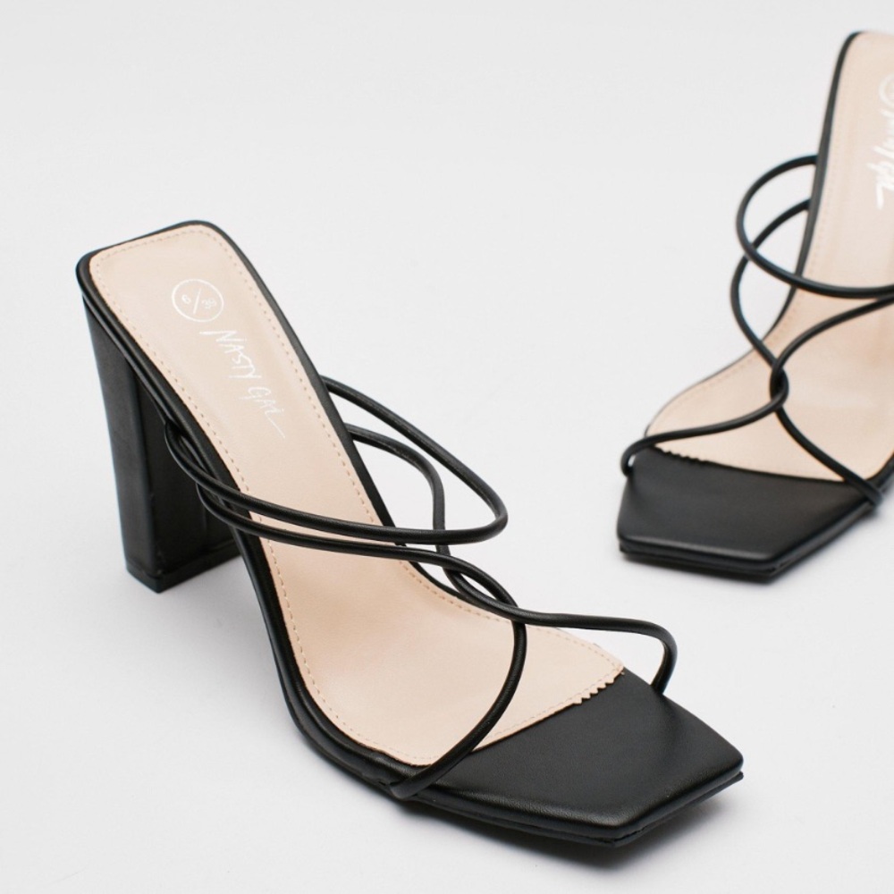Strappy Faux Leather Block Heeled Mules